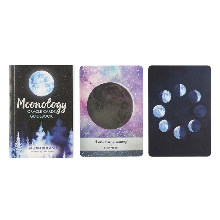 Moonology Oracle Cards with guidebook and cards showing moon phases on a white background