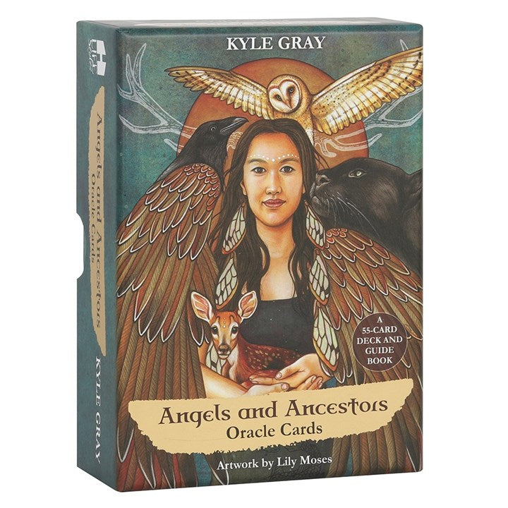Oracle cards packaging with artwork of a woman surrounded by animals and text 'Angels and Ancestors' by Kyle Gray.