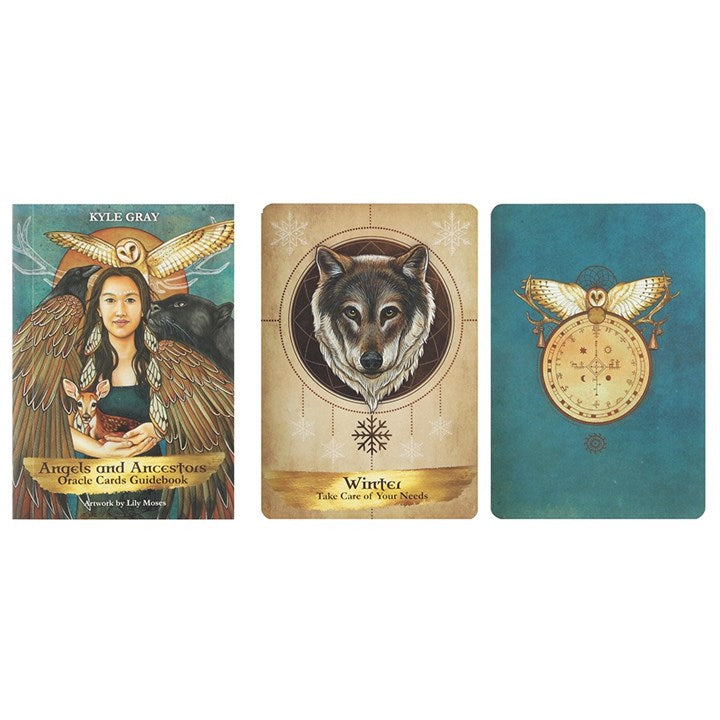 Three Oracle Cards from 'Angels and Ancestors' by Kyle Gray on a white background