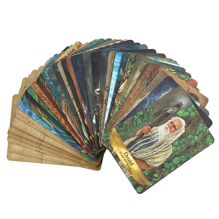 Fanned-out deck of tarot cards with various illustrations on a white background