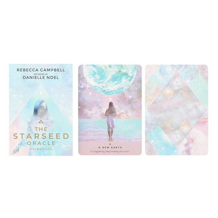 Starseed Oracle book cover with a woman on a beach and abstract design