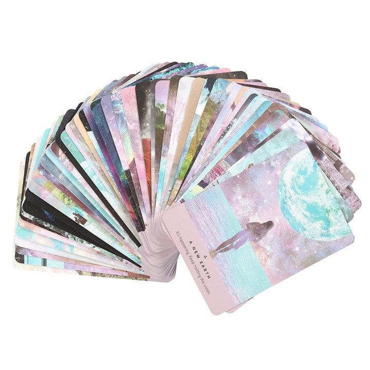 Set of colorful tarot cards fanned out on a white background