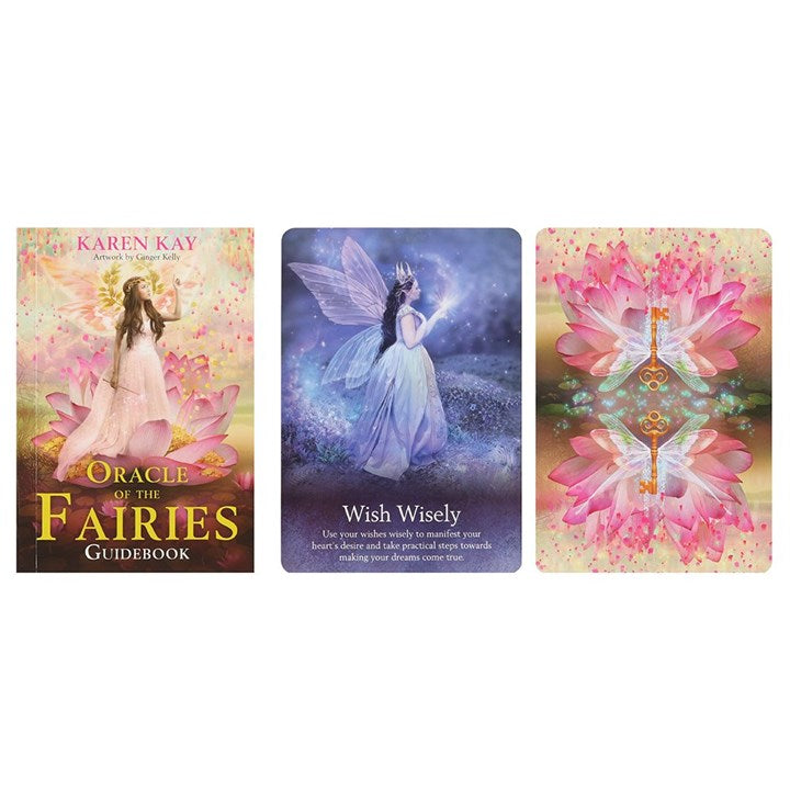 Three cards from the Oracle of the Fairies set with colorful designs and fairy illustrations on a white background.