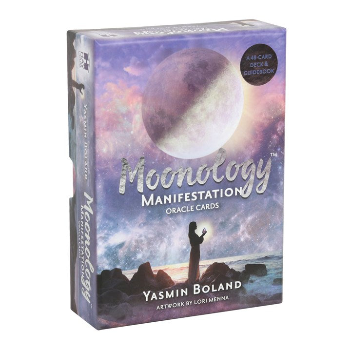 Moonology Manifestation Oracle Cards packaging with a person and moon design on a white background