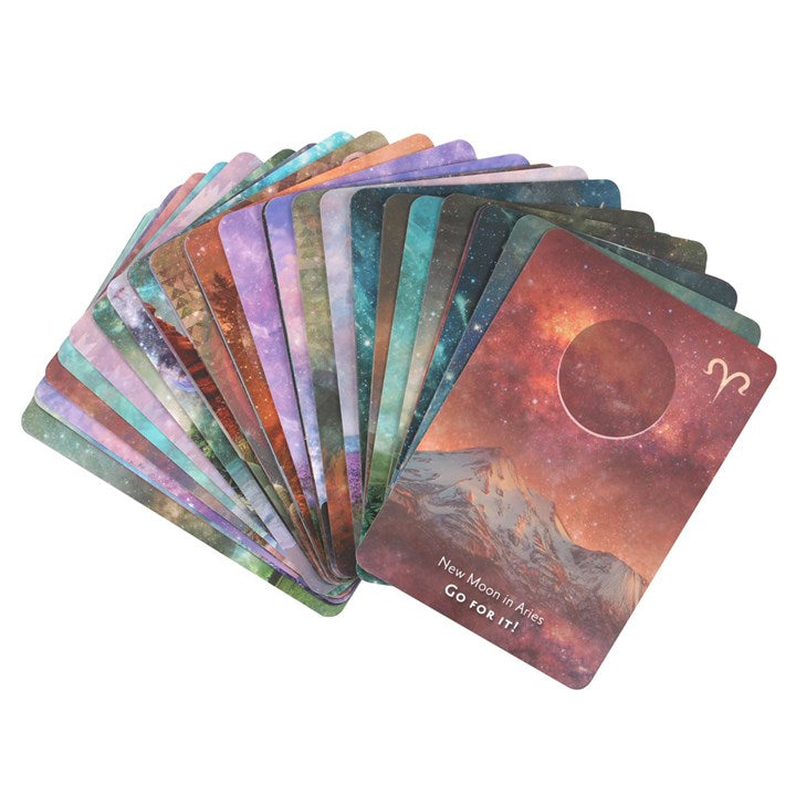 Set of tarot cards with colorful designs and text on a white background