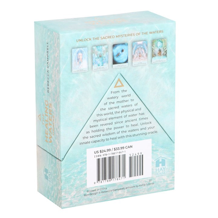 Card game box with water-themed design and text on a white background