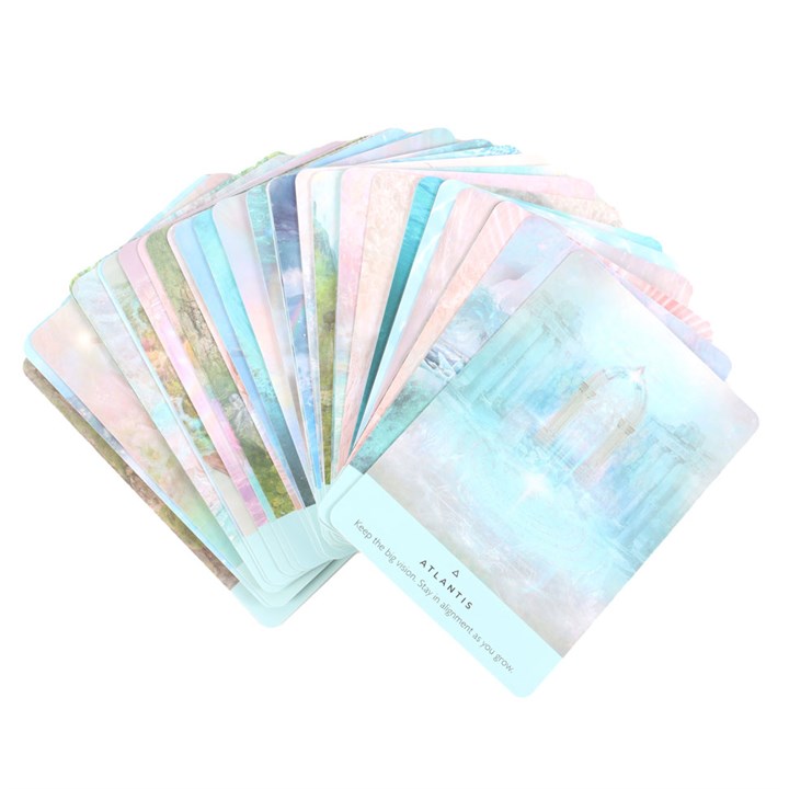 Set of colorful watercolor cards with 'Atlantis' branding on a white background