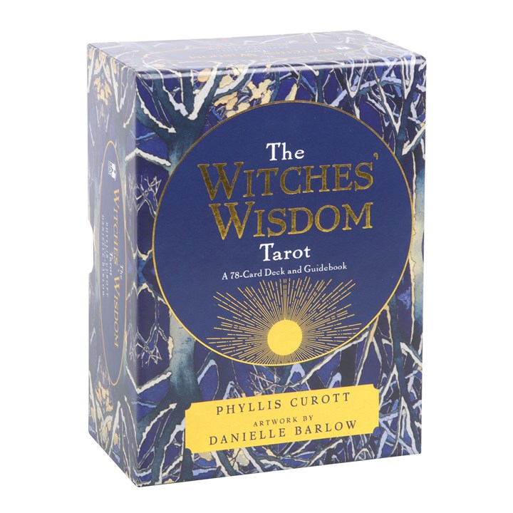 Witches' Wisdom Tarot box with blue and gold design