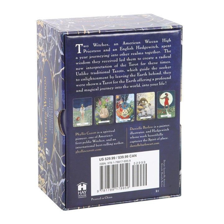 Back of a tarot card box with text and images on a white background