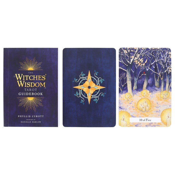 Three items from a tarot set including 'Witches' Wisdom Tarot Guidebook', a card with a compass design, and a card with a forest scene.