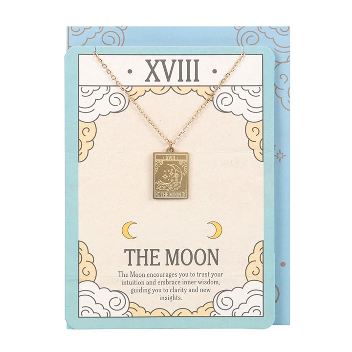 Necklace with 'The Moon' pendant on a decorative card with celestial designs.