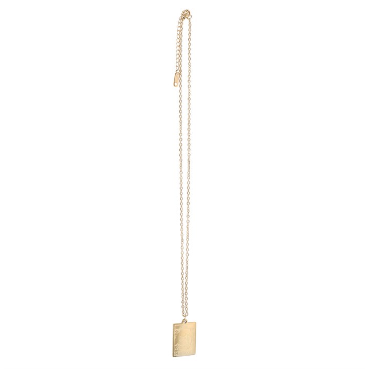 Gold necklace with a rectangular pendant on a white background