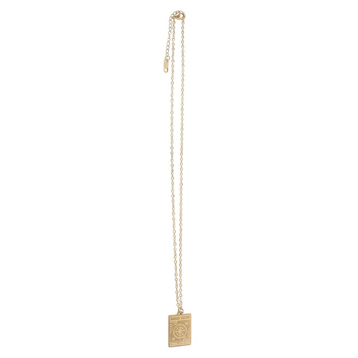 Gold necklace with a rectangular pendant on a white background