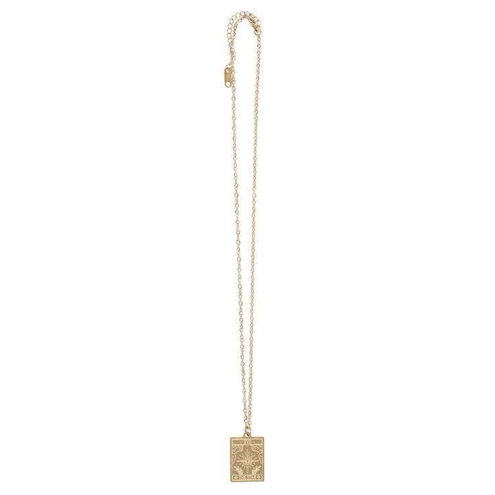 Gold necklace with a rectangular pendant on a white background