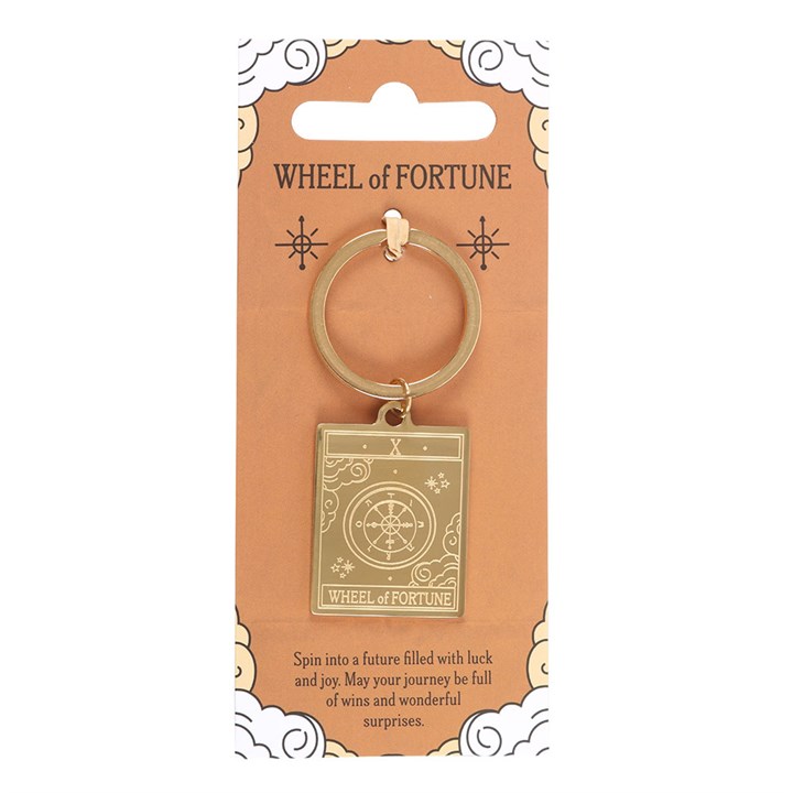 Gold 'Wheel of Fortune' keychain on a decorative card with text.