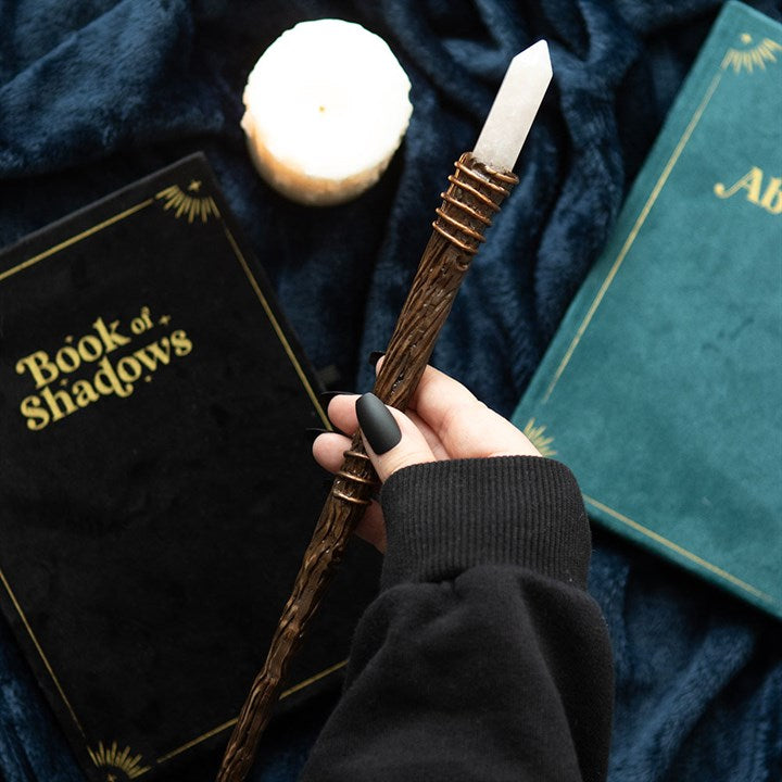 Hand holding a wooden wand over a 'Book of Shadows' and a green book on a dark fabric background