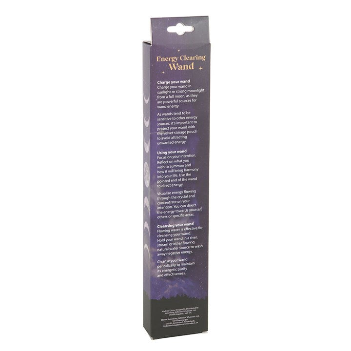Boxed energy clearing wand with text on a white background
