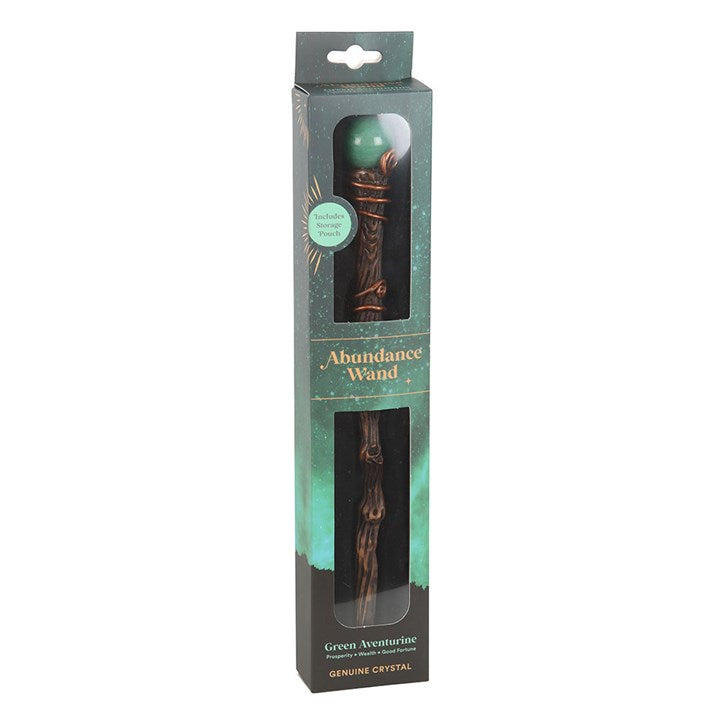 Abundance wand in packaging with 'Green Aventurine' text on a white background