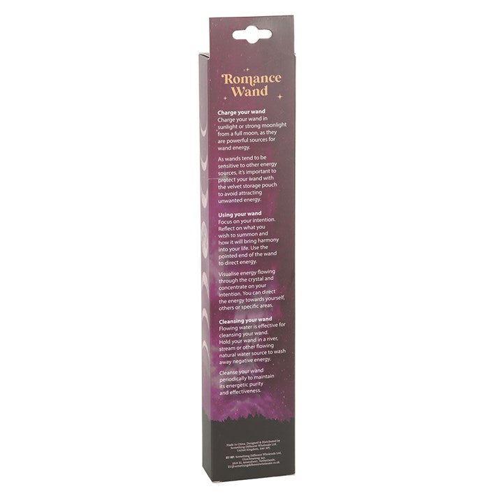 Box packaging for a 'Romance Wand' with text on a white background