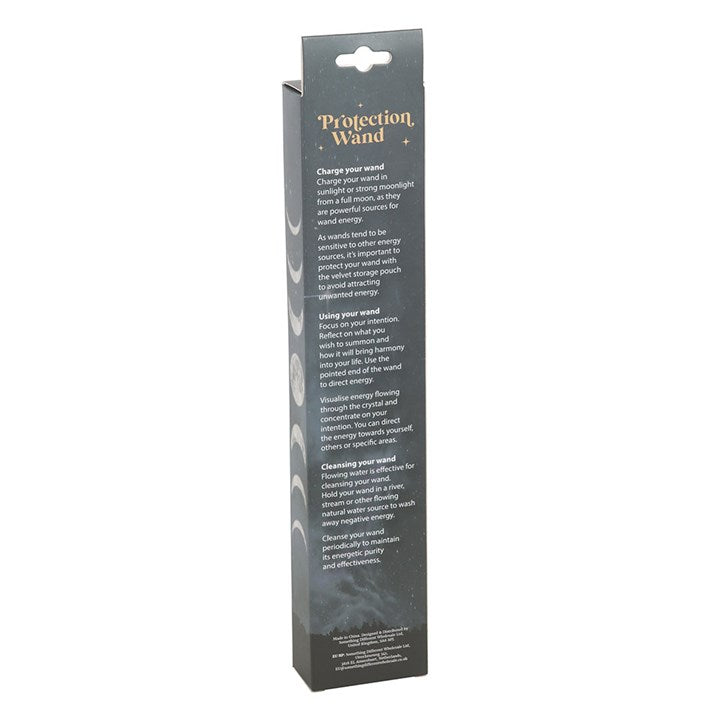 Box packaging for a 'Protection Wand' with text on a white background
