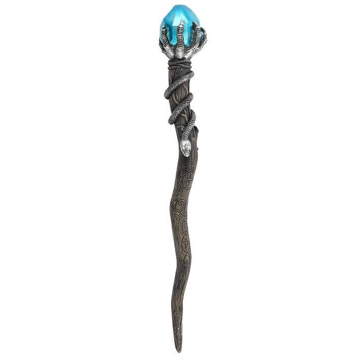 Decorative staff with a blue gem and intricate design on a white background