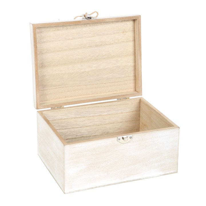 Wooden storage box with a rattan lid on a white background