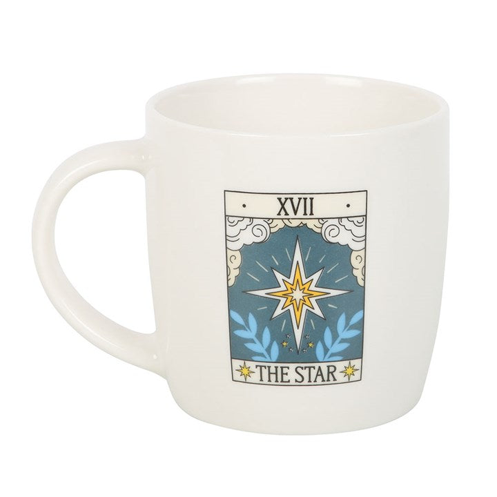 White mug with 'The Star' tarot card design on a white background
